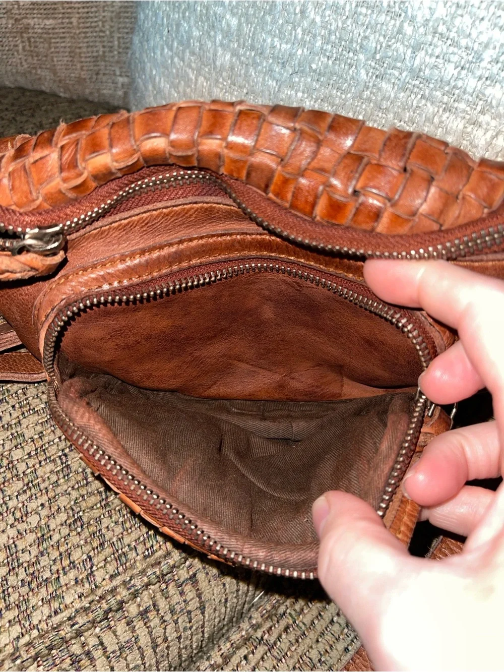 Cut N Paste Woven Leather Crossbody/Waist Bag/Fanny Pack in Cognac Brown